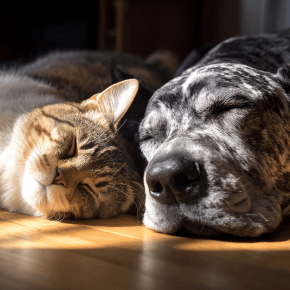 A cat and a dog lying next to each other on a wooden floor, with sunlight falling across them.
